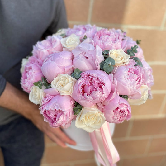 # 51 Pink Peonies with White Roses in box