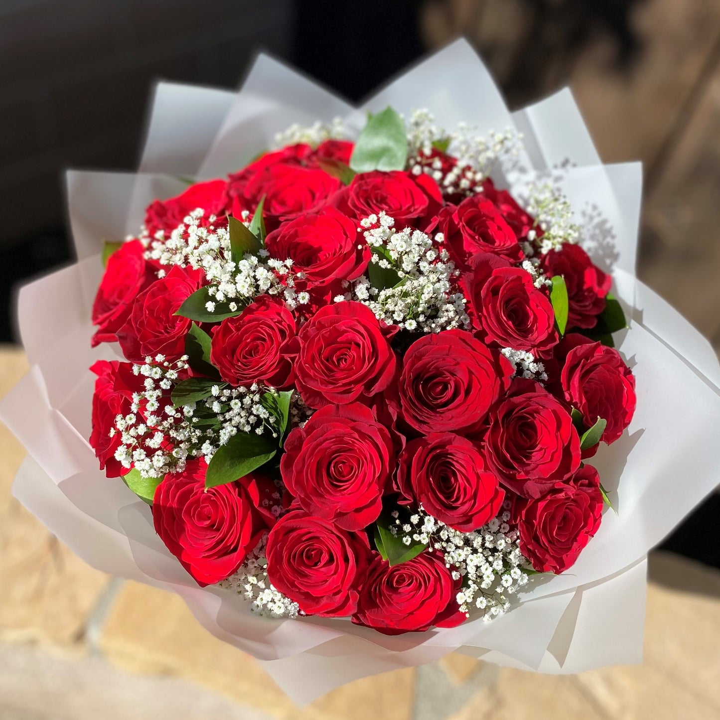 # 22 Red Roses with Baby Breath, Bouquet.