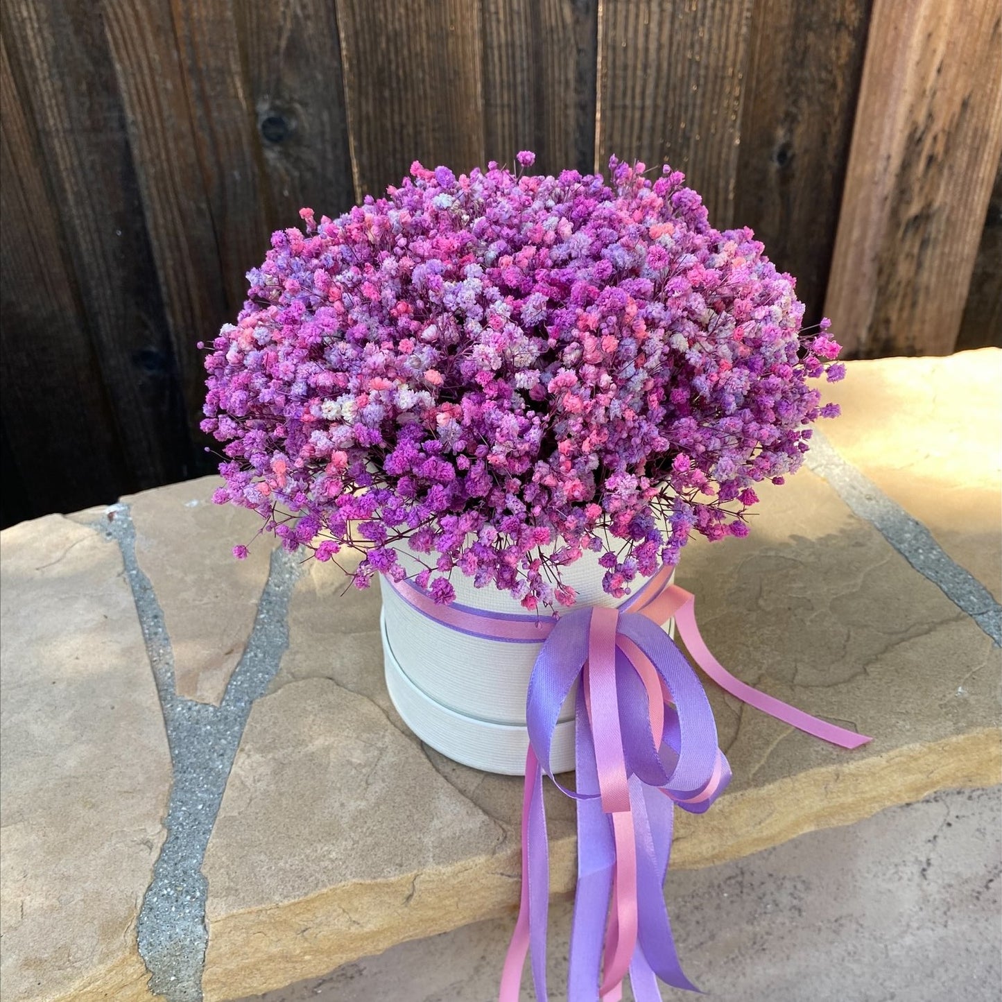 007 Baby's Breath Forever Flowers in a Round Box.